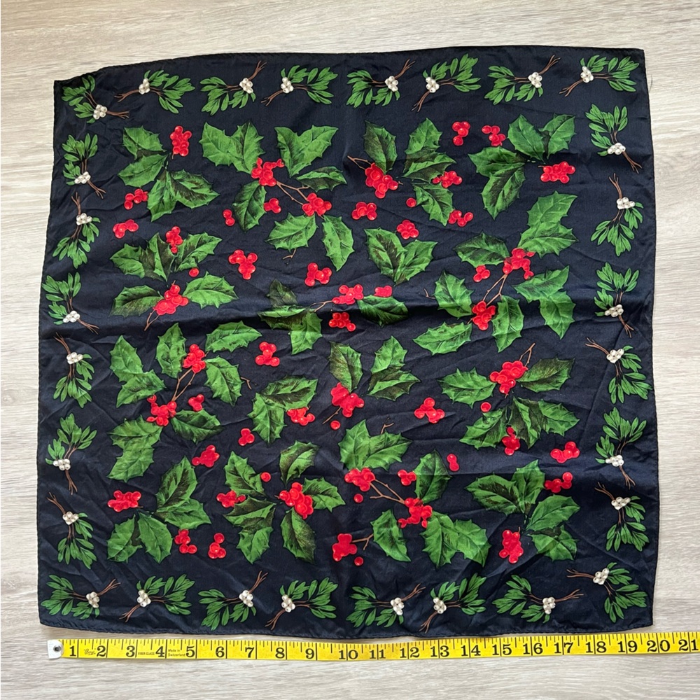Vintage Holiday Holly Print Square Silk Scarf - Red & Green 20” square